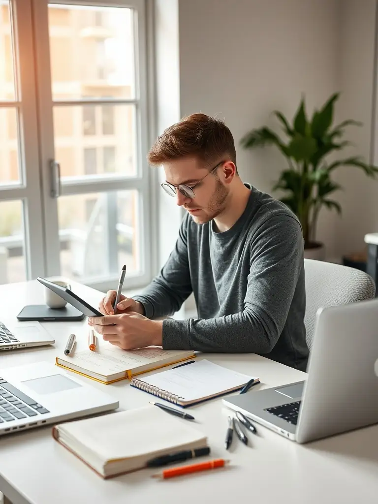 A creative visual representing content creation, such as a person writing engaging copy, designing eye-catching graphics, or producing a high-quality video. The image should evoke creativity and storytelling.