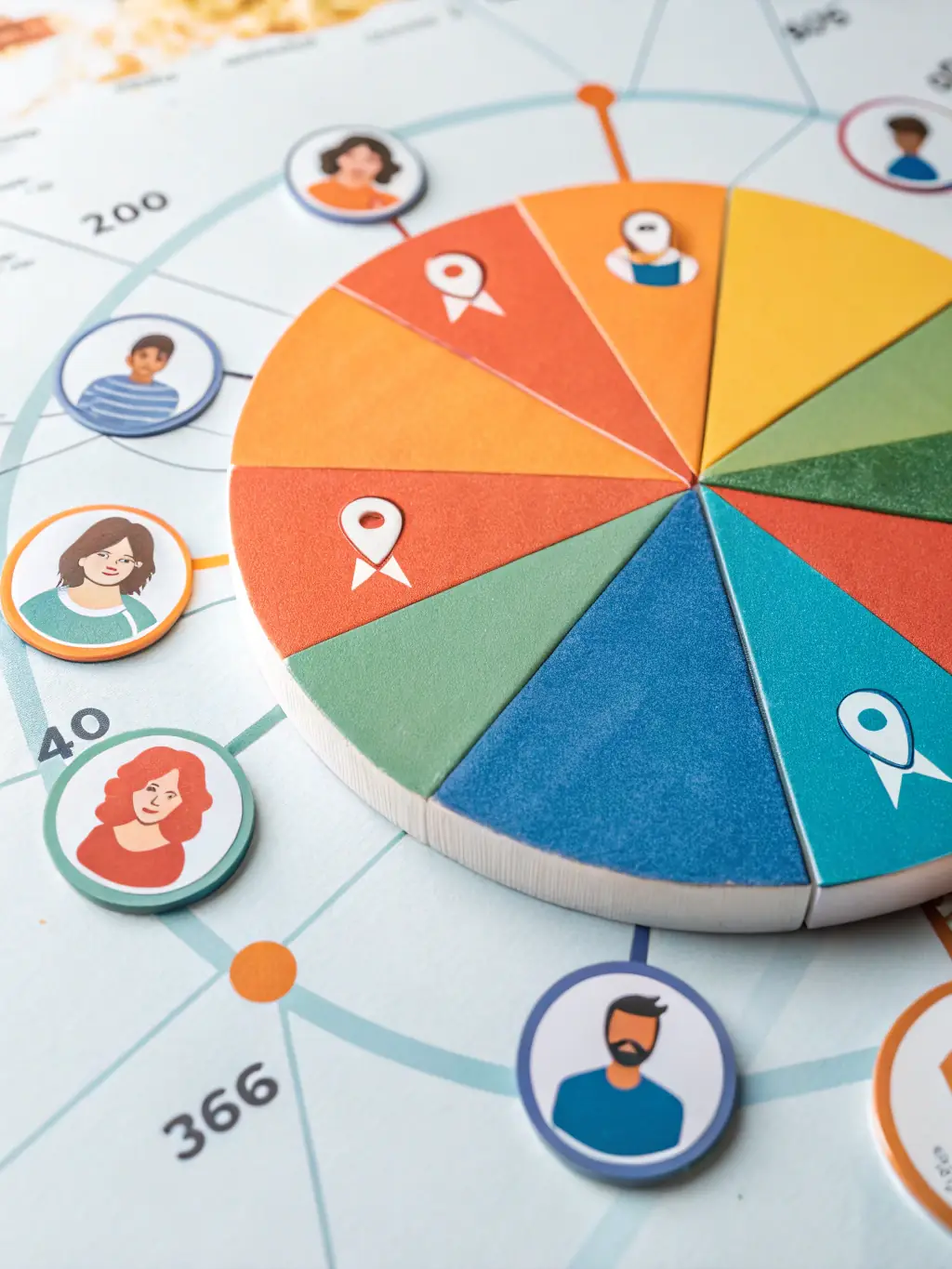 A segmented pie chart representing different customer demographics, each segment highlighted with a different color. AgenWora's brand colors are incorporated.