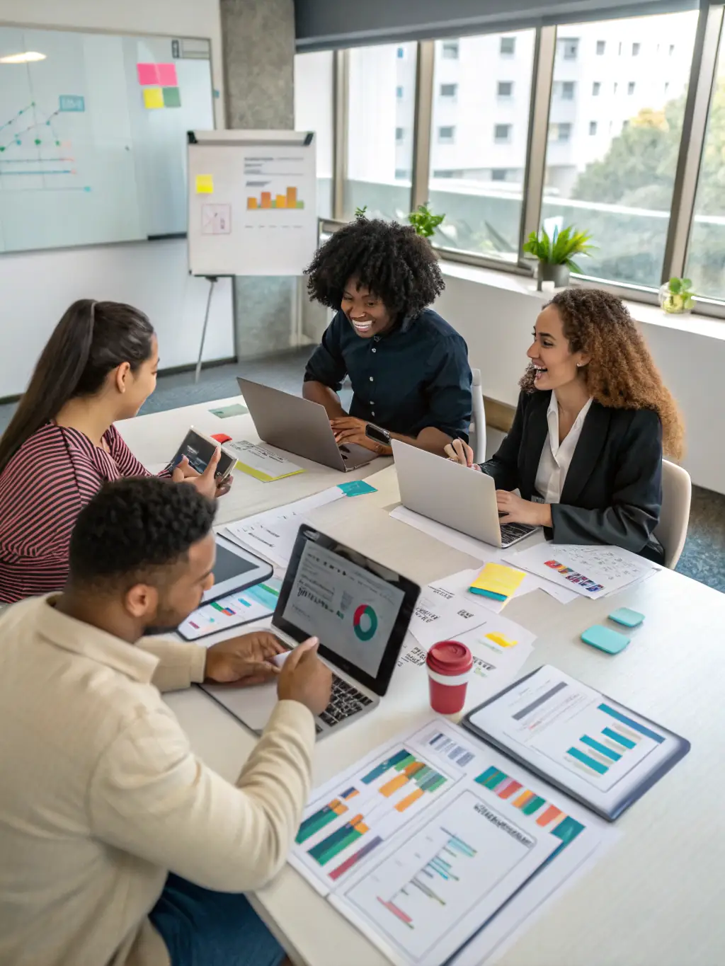A professional photograph showcasing a team of AgenWora marketing specialists brainstorming ideas around a conference table, with laptops displaying data analytics dashboards in the background. The image should convey collaboration and data-driven decision-making.